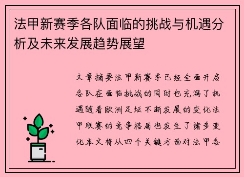 法甲新赛季各队面临的挑战与机遇分析及未来发展趋势展望